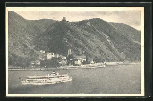 AK Bornhofen, Ortsansicht mit den Burgen, Dampfer