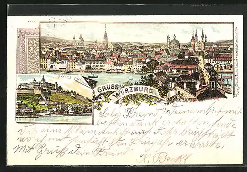 Lithographie Würzburg, Festung, Gesamtansicht