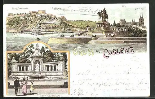 Lithographie Koblenz, Festung Ehrenbreitstein & Castorkirche mit Provinzial-Dnekmal Kaiser Wihlem I.