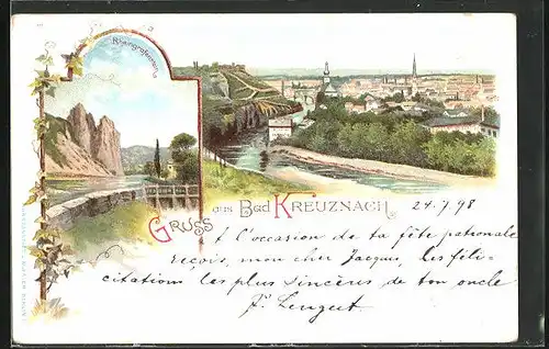 Lithographie Bad Kreuznach, Teilansicht, Rheingrafenstein