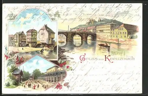 Lithographie Kreuznach, Kurhaus, Kapuzenburg mit Ruine, Brückenhäuser