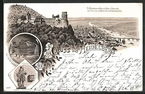 Lithographie Heidelberg, Teilansicht mit Burg, Das grosse Fass, Perkeo