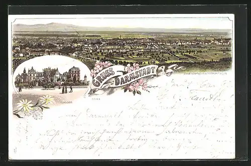 Lithographie Darmstadt, Teilansicht, Schloss