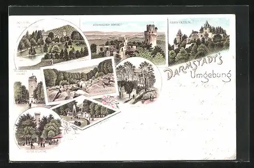 Lithographie Darmstadt, Restaurant Ludwigshöhe, Auerbacher Schloss, Felsenmeer