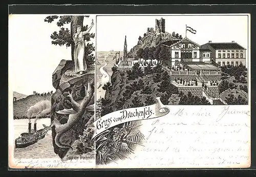 Lithographie Königswinter, Gasthaus Drachenfels, Sage vom Drachenfels