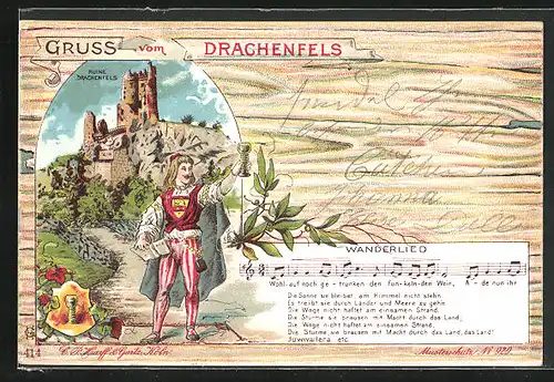 Lithographie Drachenfels, Ruine Drachenfels, Wanderlied