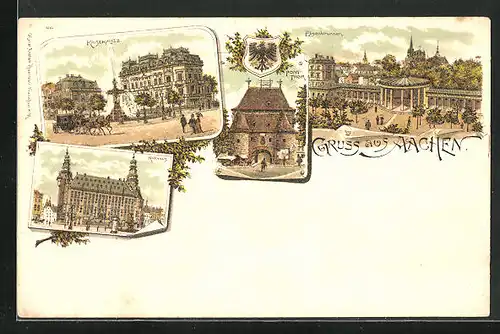Lithographie Aachen, Kaiserplatz, Rathaus, Elisenbrunnen