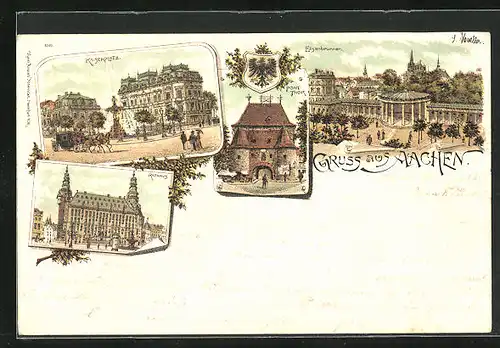 Lithographie Aachen, Rathaus, Pont-Tor, Elisenbrunnen