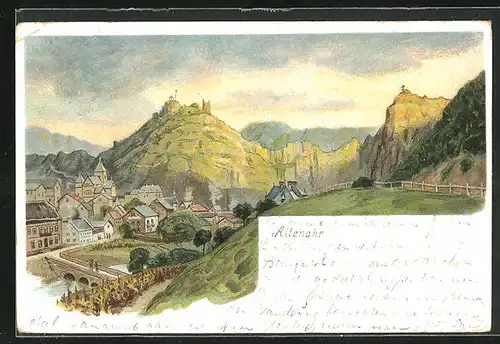 Lithographie Altenahr, Teilansicht mit Burgruine