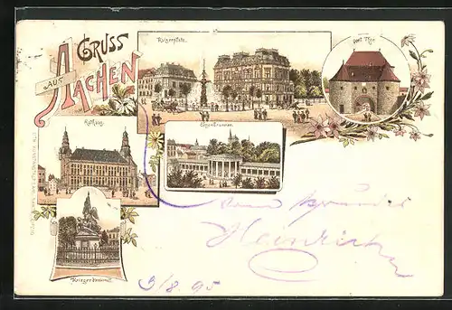 Vorläufer-Lithographie Aachen, 1895, Rathaus, Elisenbrunnen, Kriegerdenkmal