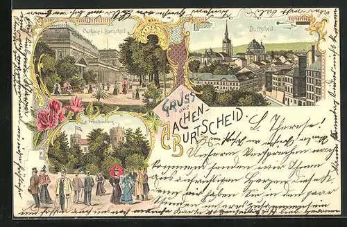 Lithographie Aachen-Burtscheid, Kurhaus, Frankenburg, Teilansicht