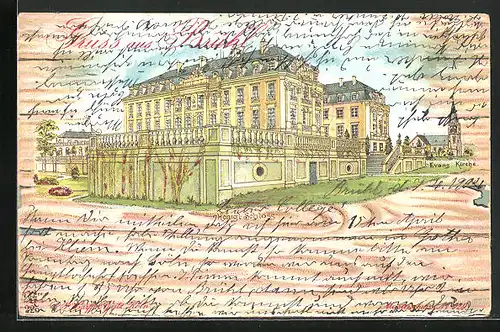 Lithographie Brühl, Schloss und evangelische Kirche