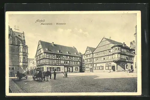 AK Alsfeld, Marktplatz mit Geschäft und Pferdewägen, Westseite