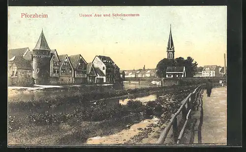 AK Pforzheim, Untere Aue und Schelmenturm