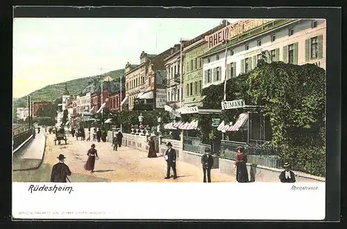AK Rüdesheim, Rheinstrasse mit Hotel