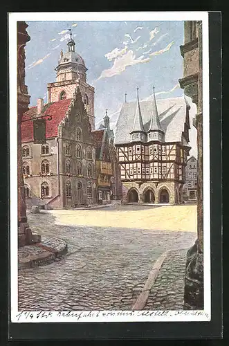 Künstler-AK Alsfeld, Marktplatz mit Rathaus