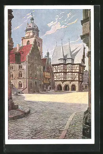 Künstler-AK Alsfeld, Marktplatz mit Rathaus