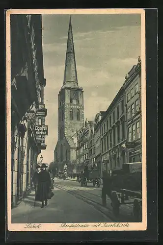 AK Lübeck, Breitestrasse mit Zigarettengeschäft und Jacobikirche