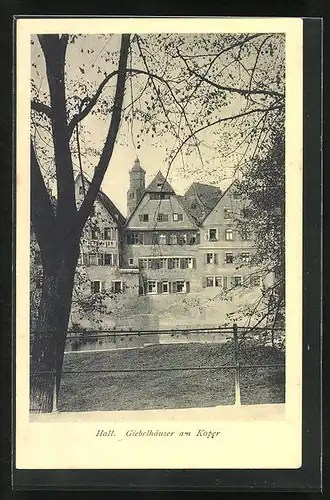 AK Hall, Giebelhäuser und Geschäft am Koper mit Bäumen