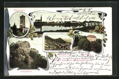 AK Rinteln, Ortsansicht mit Weser, Klippenturm, Schaumburg und Paschenburg