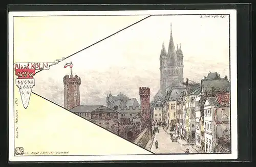 Künstler-AK Köln, Strassenpartie mit Blick zur St. Martins-Kirche