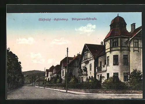 AK Mähr. Schönberg, Bürgerwaldstrasse mit Wohnhäusern