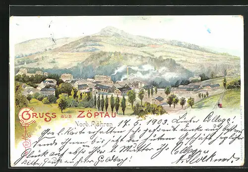 Lithographie Zöptau, Panoramablick auf Ort und Hügellandschaft