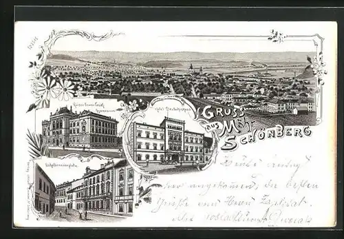 Lithographie Mährisch Schönberg, Hotel Deutsches Haus, Kaiser-Franz-Josef-Gymnasium