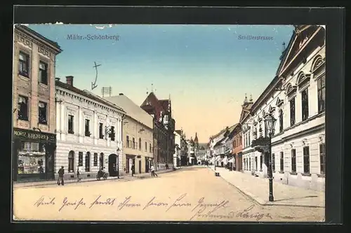 AK Mährisch Schönberg, Schillerstrasse mit Handlung Moriz Kirchner