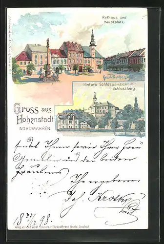 Lithographie Hohenstadt, Rathaus und Hauptplatz, Hintere Schlossansicht mit Schlossberg