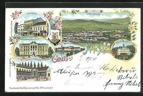 Lithographie Mähr. Schönberg, Schloss Gr. Ullersdorf, Cursalon, Marktplatz