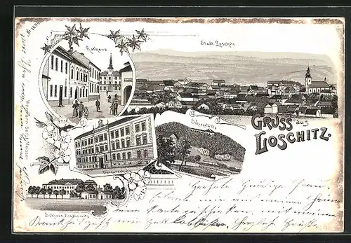 Lithographie Loschitz, Schiessstätte, Schloss Ziadlowitz, Bürgerschule