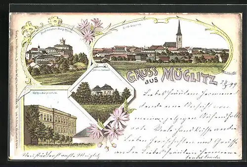 Lithographie Müglitz, Volks- u. Bürgerschule, Schloss Ziadlowitz, Panorama