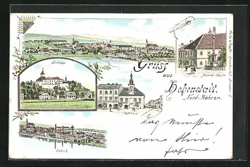 Lithographie Hohenstadt, Schloss, Fabrik, Marien-Säule