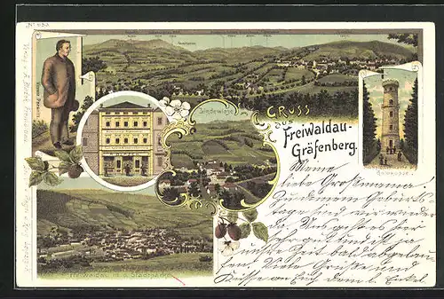 Lithographie Freiwaldau-Gräfenberg, Buchdruckerei A. Blazek, Lindewiese, Totalansicht