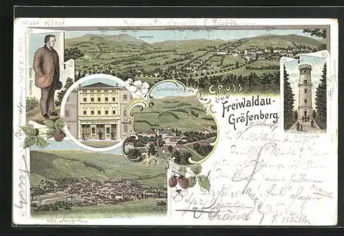 Lithographie Freiwaldau-Gräfenberg, Buchdruckerei A. Blazek, Lindewiese, Totalansicht