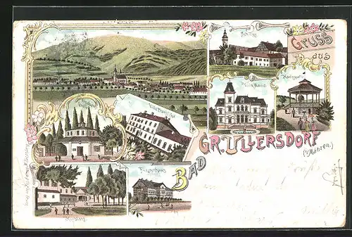 Lithographie Gross Ullersdorf, Fürstenhaus, Villa Marie, Karlsquelle, Kurplatz