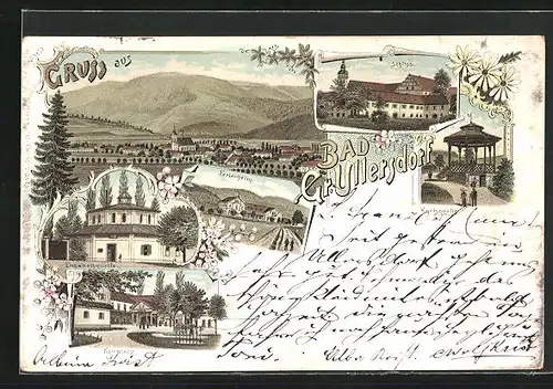 Lithographie Gross Ullersdorf, Elisabethquelle, Kurplatz, Karlsquelle, Schloss, Ferienheim