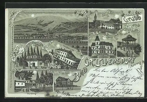 Mondschein-Lithographie Gross Ullersdorf, Elisabethquelle, Villa Franziska, Karlsquelle, Schloss