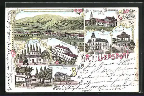 Lithographie Gross Ullersdorf, Elisabethquelle, Villa Franziska, Karlsquelle, Schloss, Fürstenhaus