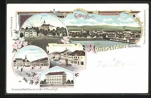 Lithographie Hohenstadt, Deutsche Gewerbe-Schule, Ringplatz, Kirchenplatz