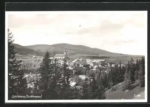 AK Schildberg, Ortsansicht gegen Gebirgszug