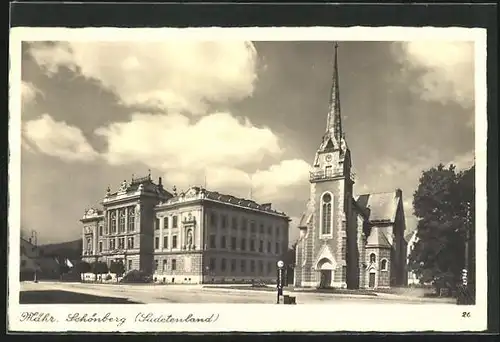 AK Mähr.-Schönberg, Strassenpartie mit Kirche