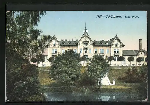 AK Mähr.-Schönberg, Sanatorium mit Teich