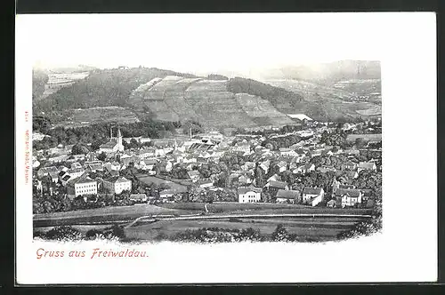 AK Freiwaldau, Panorama der Stadt mit Feldern