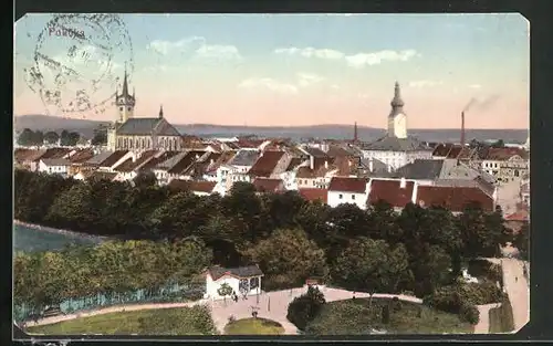 AK Policka, Panorama mit Kirche und Rathaus