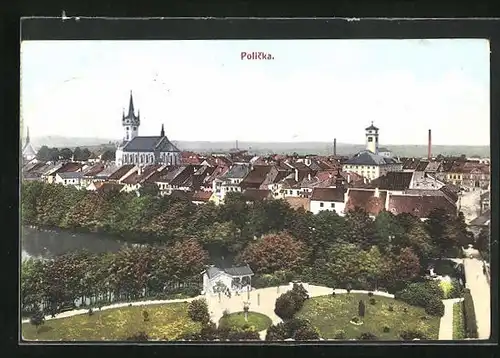 AK Policka, Panorama mit Kirche und Park