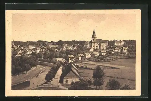 AK Zamberk, Ortsansicht mit Kirche und Fluss