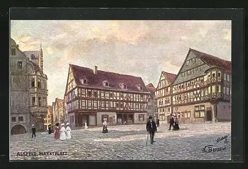 Künstler-AK Alsfeld, Marktplatz mit Passanten