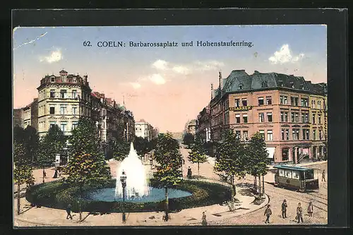 AK Köln-Neustadt, Barbarossaplatz und Hohenstaufenring mit Zigarrengeschäft und Fontäne, Strassenbahn
